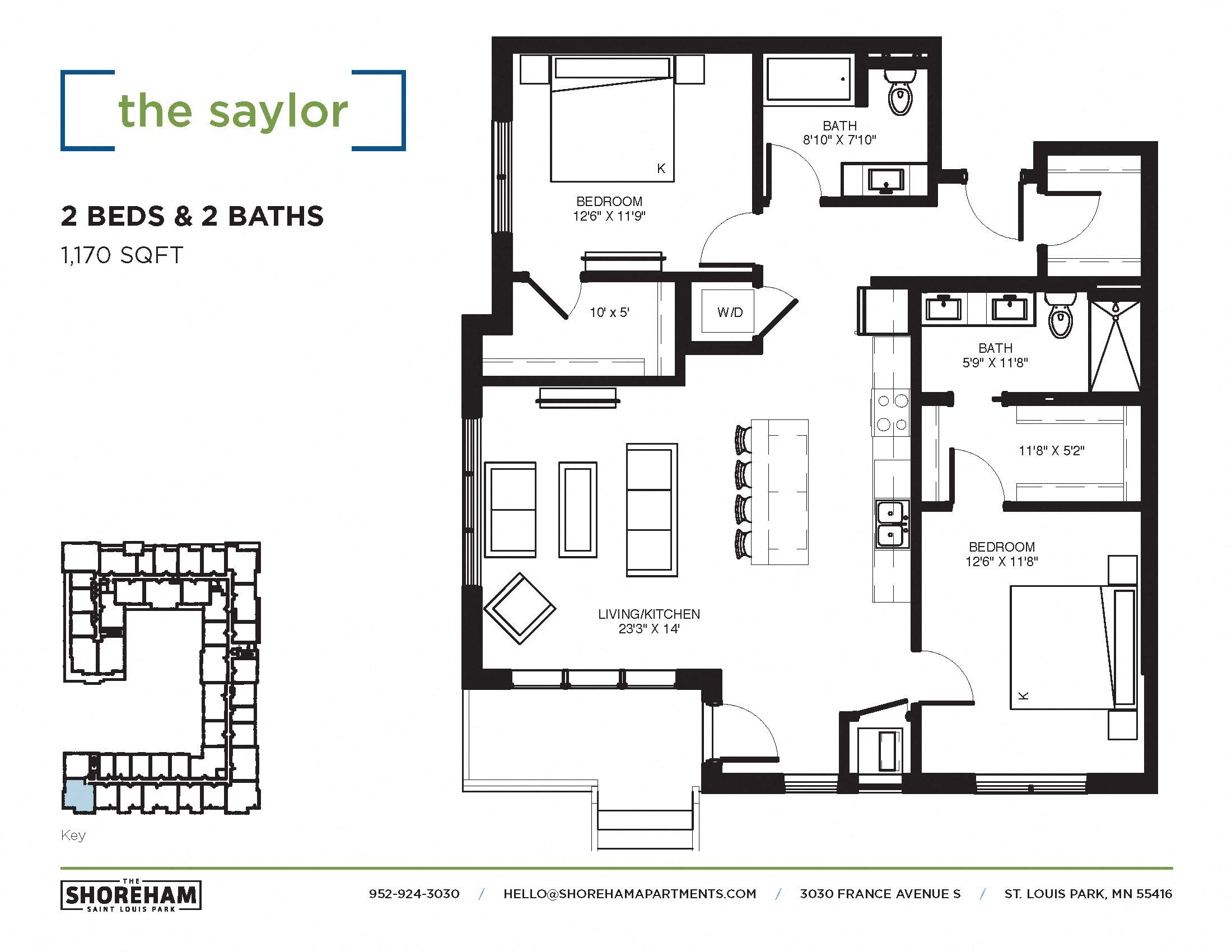 Floor plan for 2 beds, 2 baths, 1170 sqft